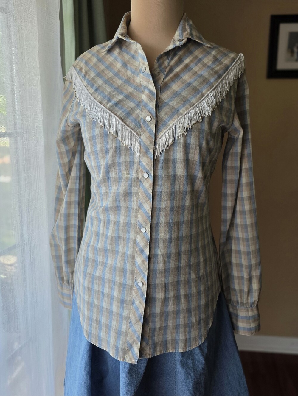 Vtg Western Fringe Pearl Snap Shirt Size 7 Plaid Long Sleeve Cowgirl Country